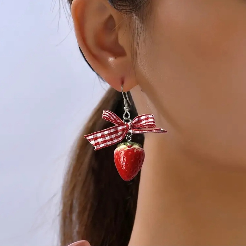 Strawberry Earrings with Red Gingham Bows - Picture 2 of 5